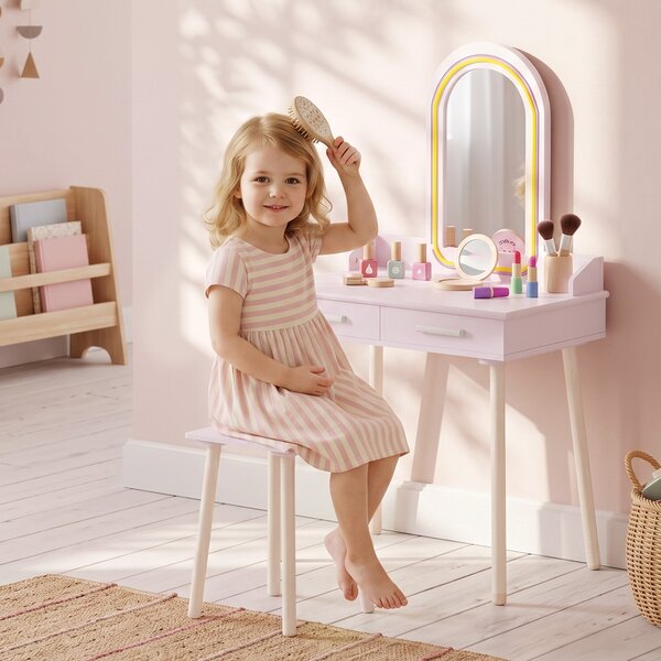 AIYAPLAY Set Toeletta Trucco Bambina con Sgabello, Specchio in Acrilico, LED a 3 Colori, 2 Cassetti, 3-8 Anni, Rosa | Aosom Italy