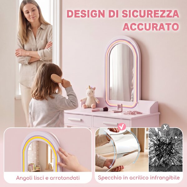 AIYAPLAY Set Toeletta Trucco Bambina con Sgabello, Specchio in Acrilico, LED a 3 Colori, 2 Cassetti, 3-8 Anni, Rosa | Aosom Italy