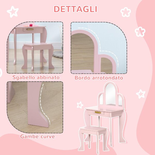 DecHome Tavolo per Trucco per Bambine 3-6 Anni con Sgabello Cassetti e Specchio Coordinato in Acrilico Rosa