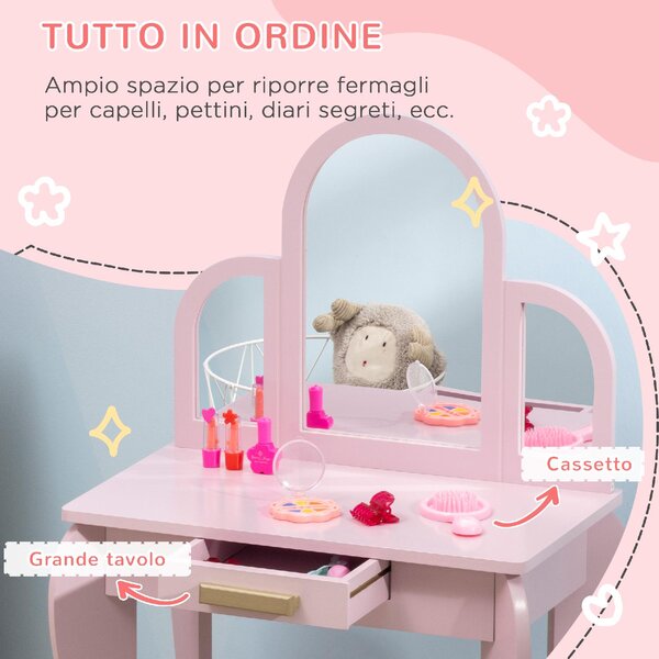 DecHome Tavolo per Trucco per Bambine 3-6 Anni con Sgabello Cassetti e Specchio Coordinato in Acrilico Rosa