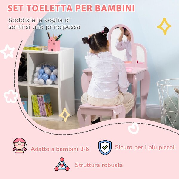 DecHome Tavolo per Trucco per Bambine 3-6 Anni con Sgabello Cassetti e Specchio Coordinato in Acrilico Rosa