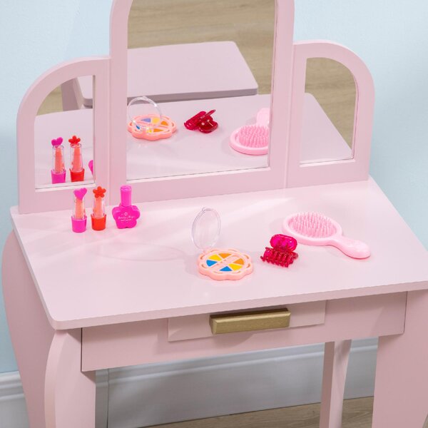 DecHome Tavolo per Trucco per Bambine 3-6 Anni con Sgabello Cassetti e Specchio Coordinato in Acrilico Rosa