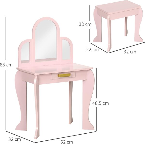 DecHome Tavolo per Trucco per Bambine 3-6 Anni con Sgabello Cassetti e Specchio Coordinato in Acrilico Rosa