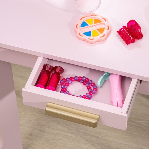 DecHome Tavolo per Trucco per Bambine 3-6 Anni con Sgabello Cassetti e Specchio Coordinato in Acrilico Rosa