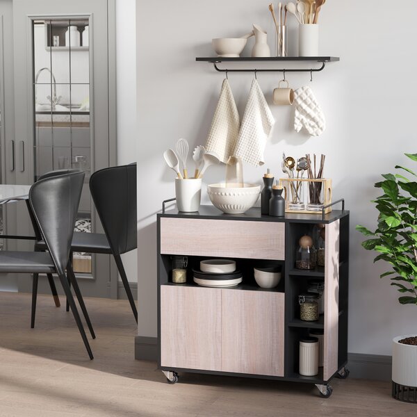 HOMCOM Carrello da Cucina Multiuso Moderno con Ruote Cassetto Anta in Legno Rovere, 76,5x40x82cm|Aosom