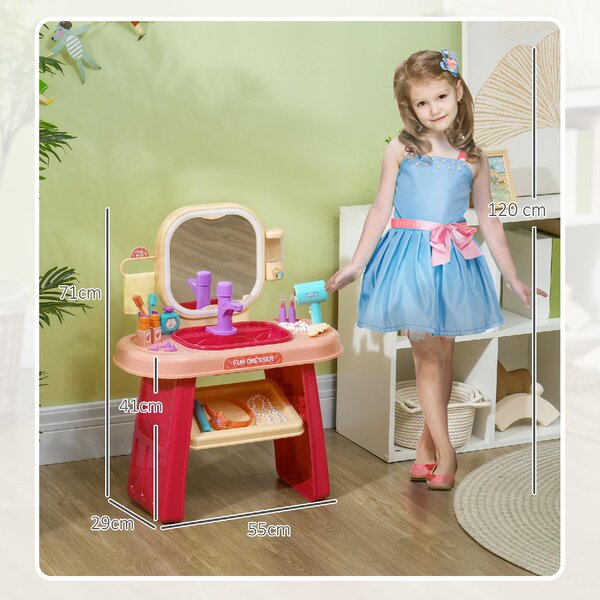 DecHome Tavolo Toeletta per Bambine 3-6 Anni con Specchio in Acrilico e Rubinetto in PP e GPPS 55x29x71 cm colore Rosa