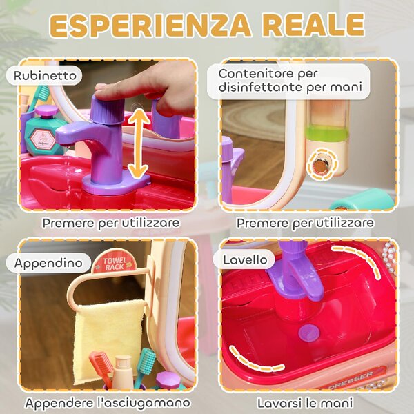 DecHome Tavolo Toeletta per Bambine 3-6 Anni con Specchio in Acrilico e Rubinetto in PP e GPPS 55x29x71 cm colore Rosa