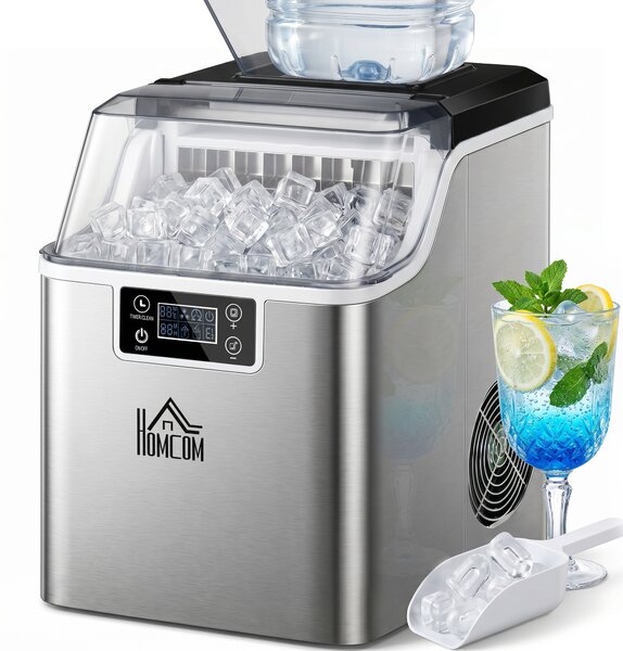 HOMCOM Macchina del Ghiaccio 20kg, 24 Cubetti in 14-18 Minuti, Pulizia Automatica, con Paletta e Secchiello, Argento|Aosom