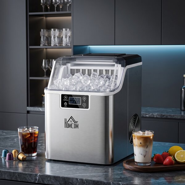 HOMCOM Macchina del Ghiaccio 20kg, 24 Cubetti in 14-18 Minuti, Pulizia Automatica, con Paletta e Secchiello, Argento|Aosom