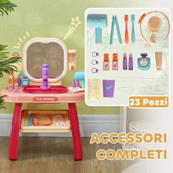 DecHome Tavolo Toeletta per Bambine 3-6 Anni con Specchio in Acrilico e Rubinetto in PP e GPPS 55x29x71 cm colore Rosa