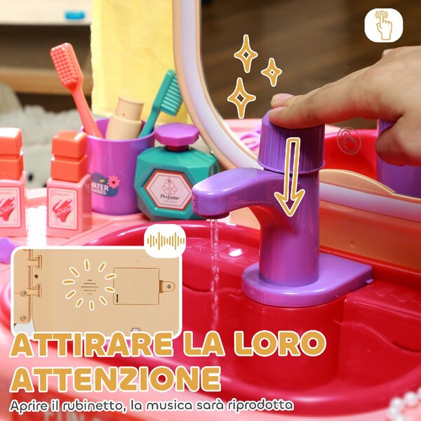 DecHome Tavolo Toeletta per Bambine 3-6 Anni con Specchio in Acrilico e Rubinetto in PP e GPPS 55x29x71 cm colore Rosa