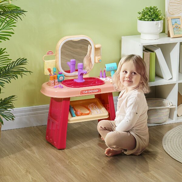 DecHome Tavolo Toeletta per Bambine 3-6 Anni con Specchio in Acrilico e Rubinetto in PP e GPPS 55x29x71 cm colore Rosa
