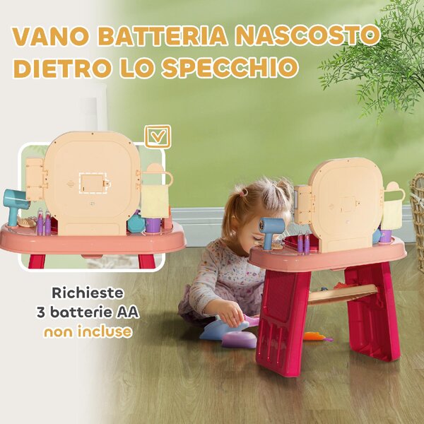 DecHome Tavolo Toeletta per Bambine 3-6 Anni con Specchio in Acrilico e Rubinetto in PP e GPPS 55x29x71 cm colore Rosa