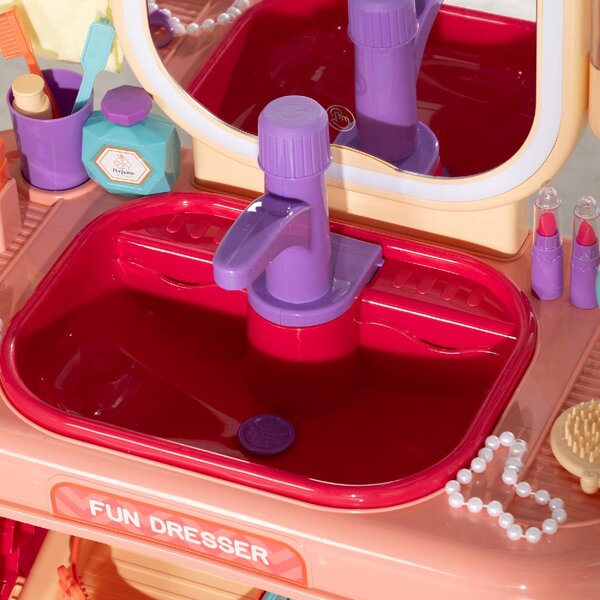 DecHome Tavolo Toeletta per Bambine 3-6 Anni con Specchio in Acrilico e Rubinetto in PP e GPPS 55x29x71 cm colore Rosa