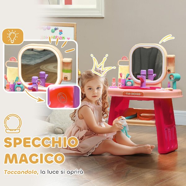 DecHome Tavolo Toeletta per Bambine 3-6 Anni con Specchio in Acrilico e Rubinetto in PP e GPPS 55x29x71 cm colore Rosa