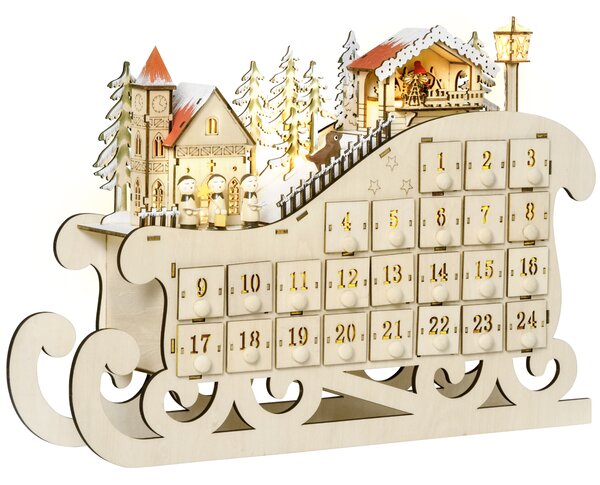HOMCOM Calendario Avvento di Natale in Legno a Forma di Slitta con 24 Cassetti da Riempire, Decorazioni e Luci a LED, 45x10x31cm | Aosom Italy