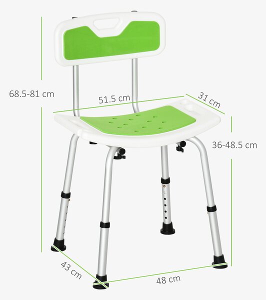 HOMCOM Sedia per Doccia in Alluminio ed EVA con Altezza Regolabile su 6 Livelli e Schienale Ricurvo, 51.5x49.5x68.5-81 cm, Verde e Bianco|Aosom