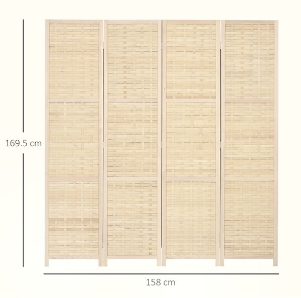 HOMCOM Paravento Separé da Interno a 4 Ante in Legno e Bambù, Pieghevole e Salvaspazio Altezza 170cm, Marrone|Aosom