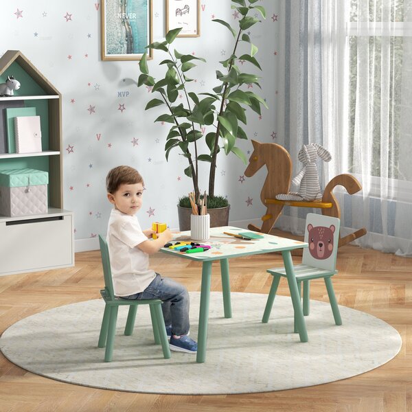 ZONEKIZ Set Tavolino e 2 Sedie per Bambini 3-8 Anni, materiali certificati e i bordi arrotondati, in MDF e Legno di Pino, Verde|Aosom Italy