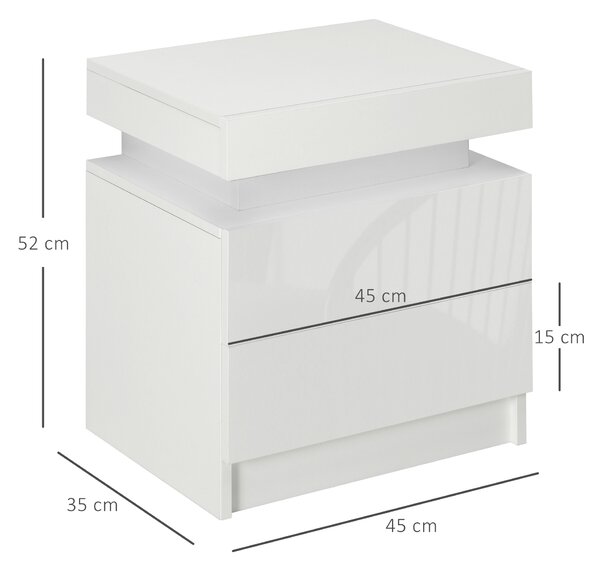HOMCOM Comodino Moderno Multifunzionale con luce LED RGB e 2 cassetti, 4 Modalità di luce e 16 colori, 45x35x52cm, Bianco|Aosom Italy