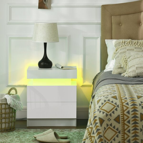 HOMCOM Comodino Moderno Multifunzionale con luce LED RGB e 2 cassetti, 4 Modalità di luce e 16 colori, 45x35x52cm, Bianco|Aosom Italy