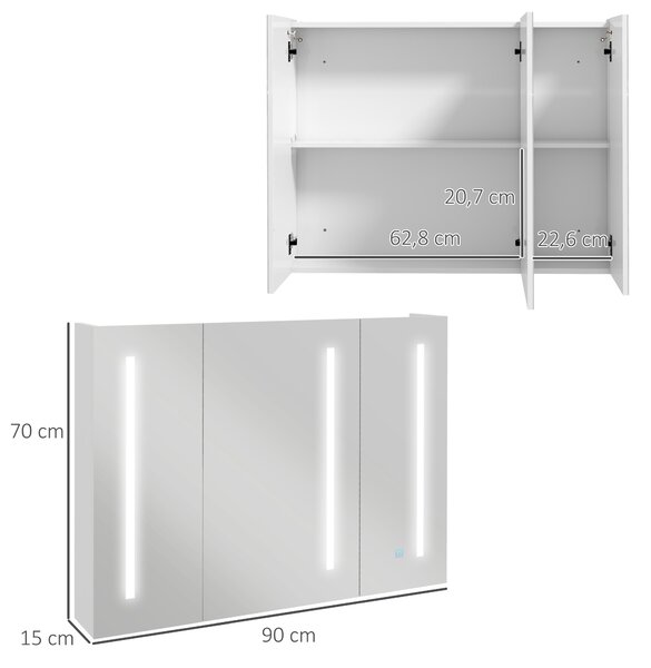 Kleankin Armadietto con Specchio con Ripiani Regolabili e Luci LED a 3 Colori, in MDF e Vetro, 90x15x70 cm, Bianco
