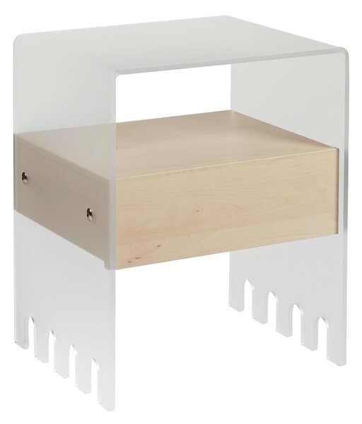 Comodino con struttura in metacrilato Satinato TRIONFO 40x33xh49 cm con cassetto in legno nobilitato particolari in ottone