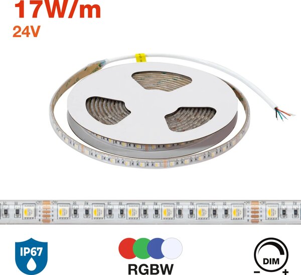 Striscia LED RGBW Multicolore 24V 17W/m Professionale - IP67 - 5 metri