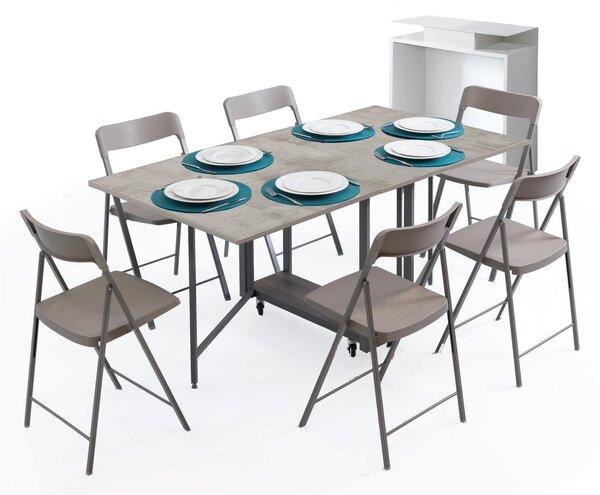 Tavolo chiudibile con portasedie e 6 sedie Antracite laminato con ruote cornice Laminata 172x92x73h Archimede richiudibile in 34 centimetri cemento con 6 sedie prodotto consegnato Montato
