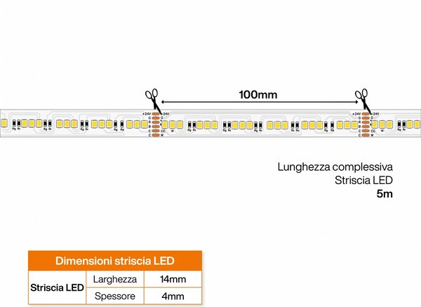 Striscia LED Professionale RGB+CCT Multicolore 24V 20W/m - IP67 - 5 metri