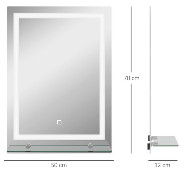 Kleankin Specchio Bagno LED a 3 Colori Regolabili con Mensola in Vetro Elegante e Funzionale 50x12x70 cm Argento |Aosom