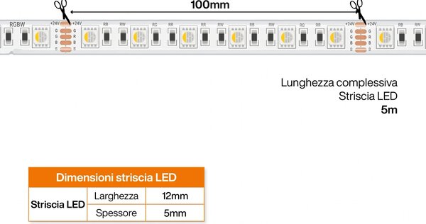 Striscia LED RGBW Multicolore 24V 17W/m Professionale - IP67 - 5 metri