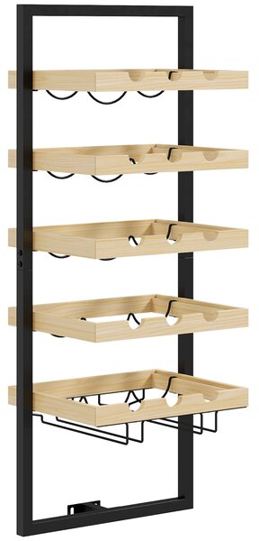 HOMCOM Portabottiglie da Parete in Legno e Acciaio per 15 Bottiglie di Vino e 4 Calici, 35x25x86cm