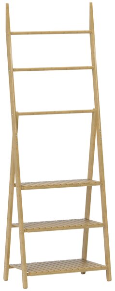 HOMCOM Scaffale Bagno 3 Ripiani con Porta Asciugamani a 3 Barre, Autoportante e Pieghevole in Legno di Bambù
