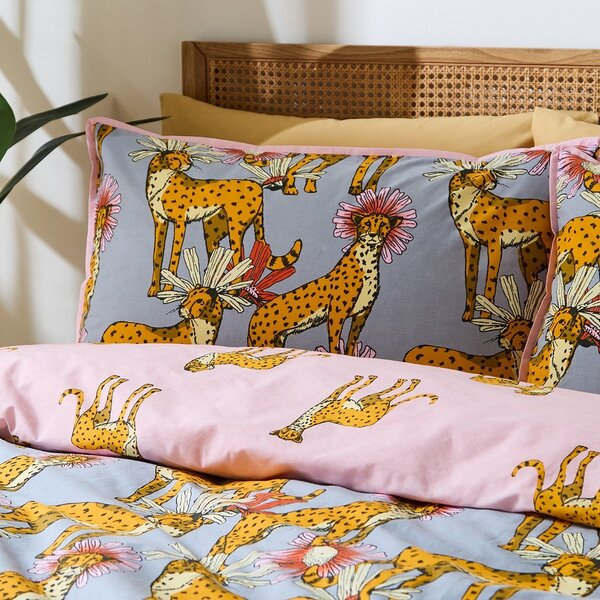 Set copripiumino e federa rosa e grigio in cotone per letto singolo 135x200 cm Untamed Cheetah – Their Nibs