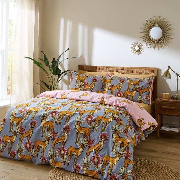 Set copripiumino e federa rosa e grigio in cotone per letto singolo 135x200 cm Untamed Cheetah – Their Nibs