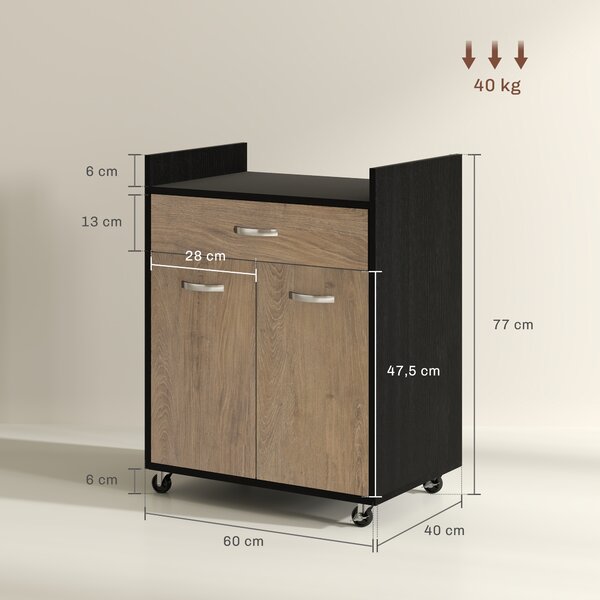 HOMCOM Carrello da Cucina con Cassetto, Armadietto e 4 Ruote in Legno, 60x40x77cm, Nero