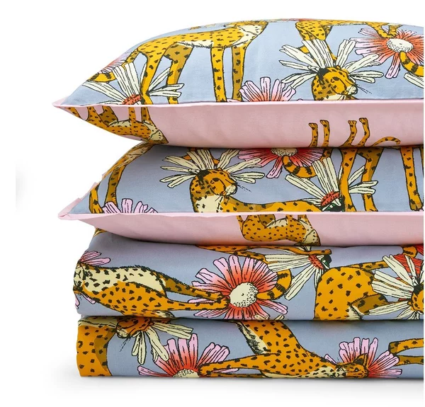 Set copripiumino e federa rosa e grigio in cotone per letto matrimoniale 200x200 cm Untamed Cheetah – Their Nibs