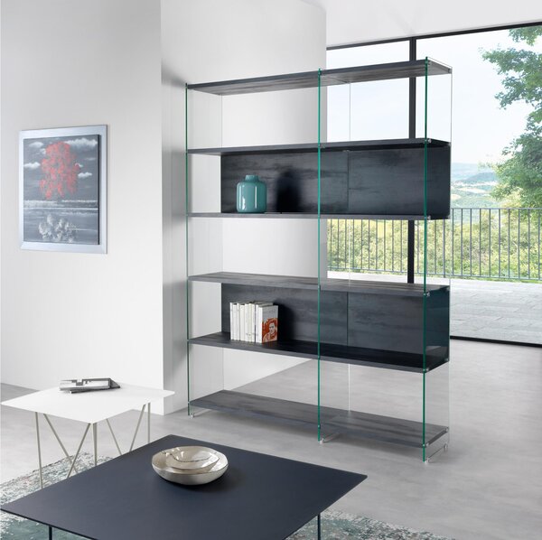 Libreria Composizione byblos 24 ripiani in laminato Nero Carbone fianchi in vetro Fum� 149x36xh 202 cm Peso 124 kg nero sabl�