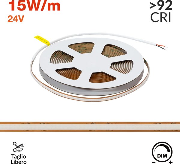 Striscia LED COB 24V 15W/m Tagliabile Ovunque Professionale IP20 - 5 metri