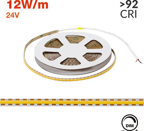 Striscia LED COB 24V 12W/m Tagliabile ogni 8mm Professionale IP20 - 5 metri