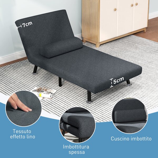 HOMCOM Poltrona Letto Moderno 3 in 1 con Schienale Regolabile e Cuscino imbottitura, in Tessuto Effetto Lino e Acciaio, Grigio Scuro | Aosom Italy