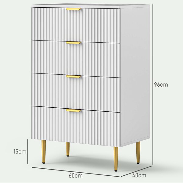 HOMCOM Cassettiera 4 Cassetti Moderna con Maniglie Dorate, 60x40x96 cm, Bianco