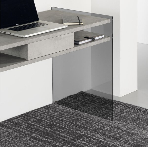 Scrivania portacomputer Dimensioni 120x60xh77 cm SPACE con cassetto scorrevole in laminato ecologico Colore Cemento con struttura in vetro temperato da 10 mm