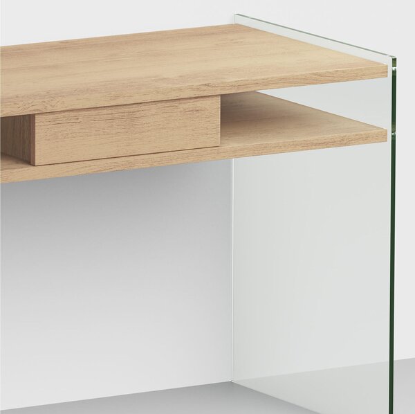 Scrivania portacomputer Dimensioni 120x60xh77 cm SPACE con cassetto scorrevole in laminato ecologico Colore Rovere Naturale con struttura in vetro temperato da 10 mm