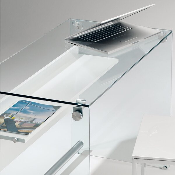 Computer Desk Professional Scrivania Porta Computer 100x55x74h cm ripiano in vetro temperato da 10 mm con frontale Bianco