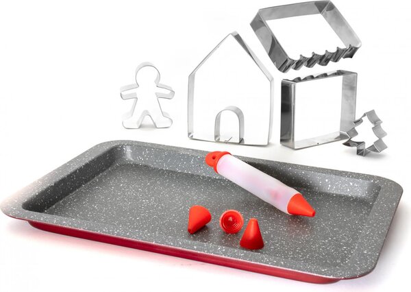 Aeternum Teglia Forno Rettangolare Rivestimento Petravera Plus con Stampi Penna e Ricettario - Set Casetta Pan di Zenzero