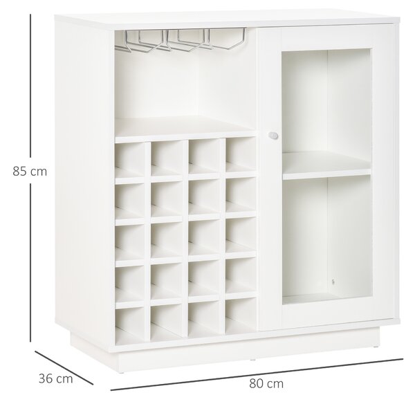 HOMCOM Mobiletto Portabottiglie Vini con Porta Calici e Armadietto, Capacità 20 Bottiglie, 80x36x85 cm, Bianco