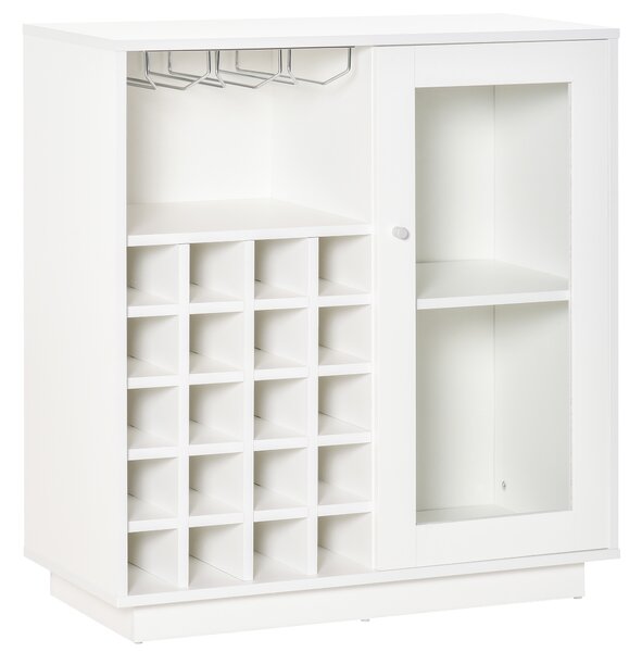HOMCOM Mobiletto Portabottiglie Vini con Porta Calici e Armadietto, Capacità 20 Bottiglie, 80x36x85 cm, Bianco