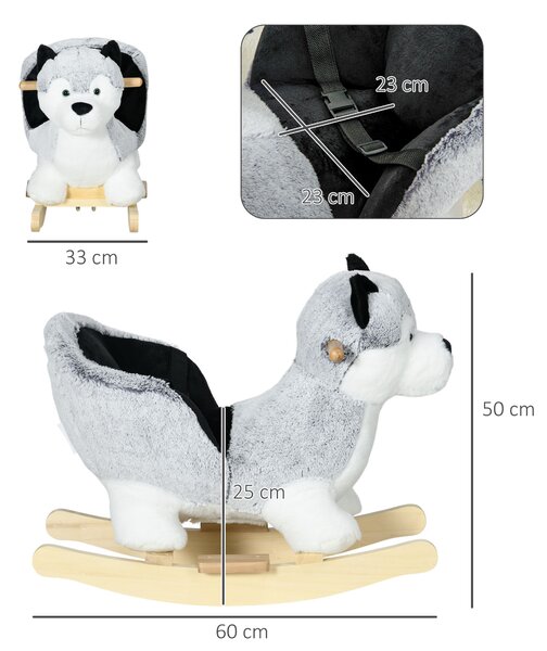HOMCOM Cavallo a Dondolo morbido con pedali e Suoni, cintura di sicurezza inclusa, Husky Peluche Grigio per Bambini 18-36 Mesi, 60x33x50cm|Aosom italy